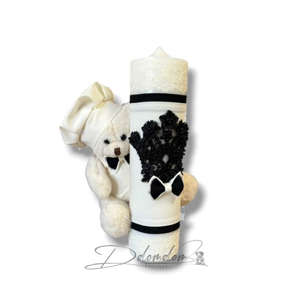 Lumânare Botez Canelată Cu Ursuleț Broderie Neagră