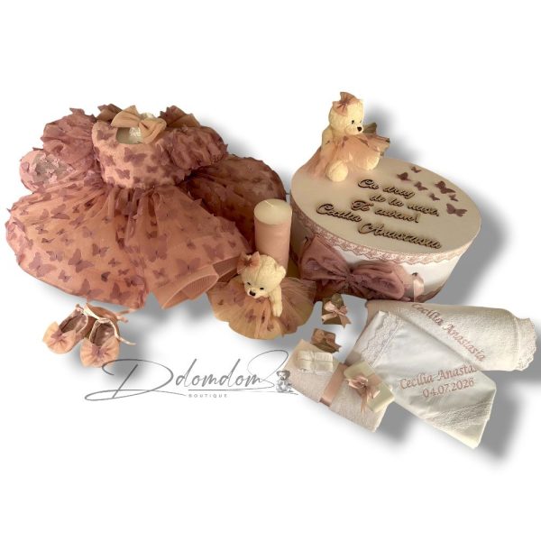 Pachet Ținută Aida Roz Praf Cu Fluturi 3D| Trusou Clasic Ivoire | Lumânare Clasică