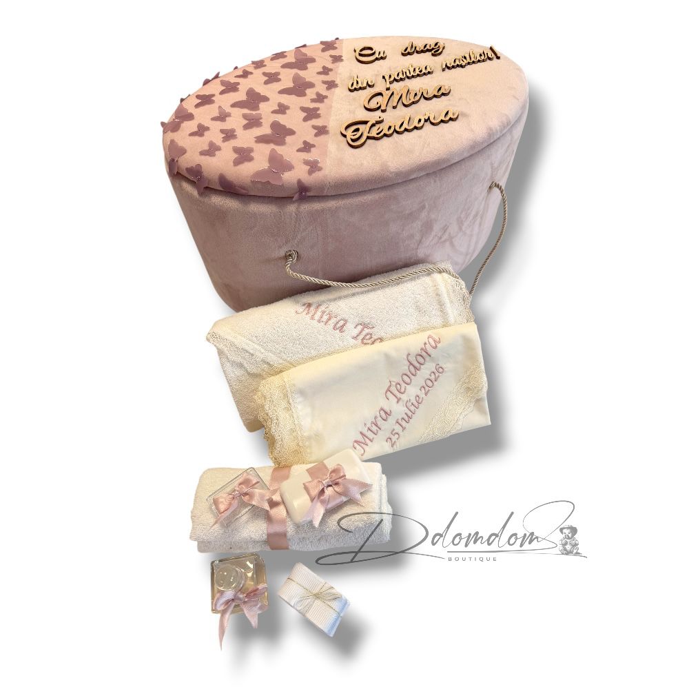Pachet Ținută Aida Roz Praf Cu Fluturi 3D| Trusou Buretat Roz Praf| Lumânare Canelată - imagine 3