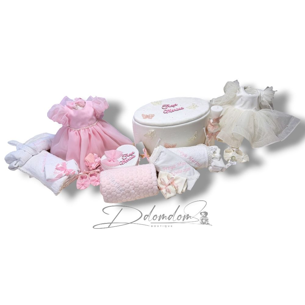 Pachet Complet Botez & Băița De A Doua Zi | 2 Ținute | Trusou Buretat | Lumânare Clepsidră
