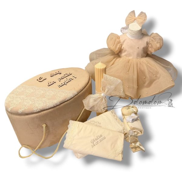 Pachet Ținută Raisa Bej Manecă Scurtă |Trusou Buretat Bej| Lumânare Canelată